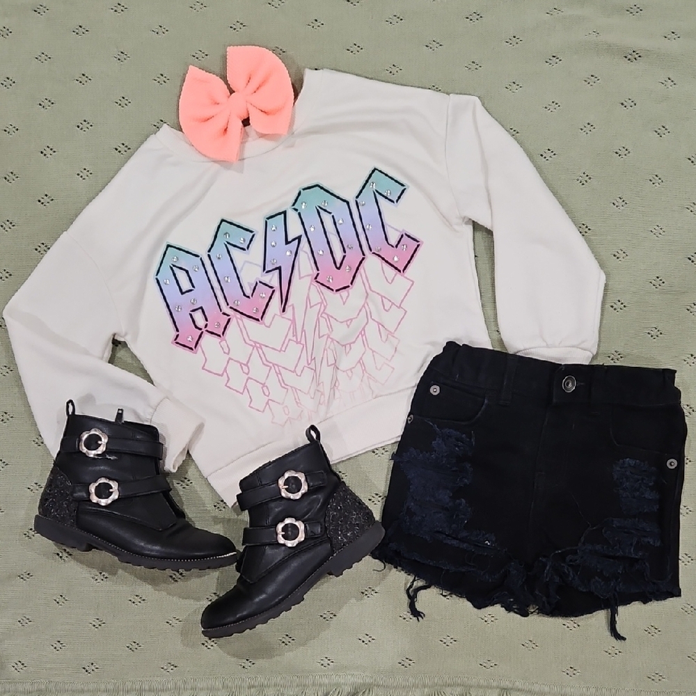 AC/DC Graphic Sweatshirt with Custom Distressed Black Shorts